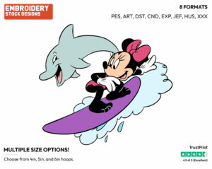Minnie Mouse Surfing With A Dolphin - Surfing - Olympic Games - Disney Embroidery Design in 3 sizes & 8 formats