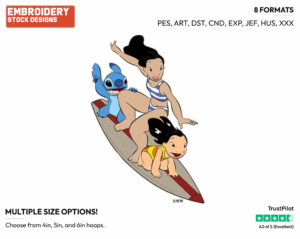 Lilo, Nani, Stitch - Surfing - Olympic Games - Disney Embroidery Design in 3 sizes & 8 formats