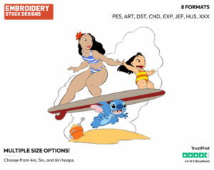Lilo, Nani, Stitch - Surfing - Olympic Games - Disney Embroidery Design in 3 sizes & 8 formats