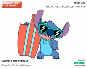 Stitch With His Surfboard - Surfing - Olympic Games - Disney Embroidery Design in 3 sizes & 8 formats