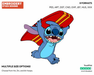Stitch Running With Surfboard On The Beach - Surfing - Olympic Games - Disney Embroidery Design in 3 sizes & 8 formats