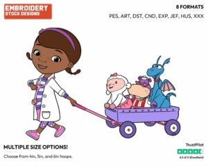 Doc Mcstuffins, Lambie, Stuffy, Hallie In Wagon - Doc McStuffins - TV Shows - Disney Embroidery Design in 3 sizes & 8 formats