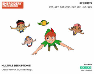 Jake, Peter Pan, Cubby, Izzy, Skully Flying - Jake and the Neverland Pirates - TV Shows - Disney Embroidery Design in 3 sizes & 8 formats