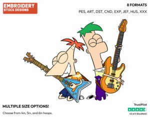 Phineas, Ferb Playing Electric Guitars - Phineas and Ferb - TV Shows - Disney Embroidery Design in 3 sizes & 8 formats