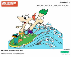 Phineas, Ferb, Perry Surfing - Phineas and Ferb - TV Shows - Disney Embroidery Design in 3 sizes & 8 formats