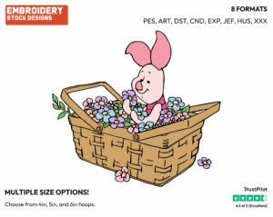 Piglet In A Basket Of Flowers - Piglet - Winnie the Pooh - Disney Embroidery Design in 3 sizes & 8 formats
