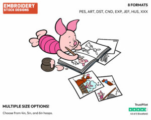 Drawing - Piglet - Winnie the Pooh - Disney Embroidery Design in 3 sizes & 8 formats