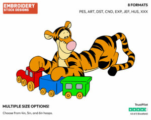 Playing With A Toy Train - Tigger - Winnie the Pooh - Disney Embroidery Design in 3 sizes & 8 formats