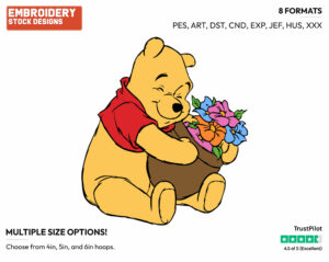 Winnie The Pooh Hugging A Honeypot Full Of Flowers - Winnie the Pooh - Winnie the Pooh - Disney Embroidery Design in 3 sizes & 8 formats