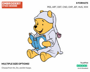 Winnie The Pooh Reading A Book In His Nightgown - Winnie the Pooh - Winnie the Pooh - Disney Embroidery Design in 3 sizes & 8 formats
