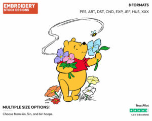 Winnie, Flowers, Bee - Winnie the Pooh - Winnie the Pooh - Disney Embroidery Design in 3 sizes & 8 formats
