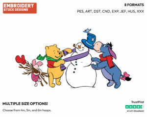 Pooh, Piglet, Eeyore, Tigger Building A Snowman - Winnie the Pooh and Friends - Winnie the Pooh & Friends - Disney Embroidery Design in 3 sizes & 8 formats