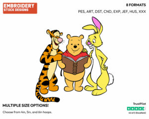 Pooh, Tigger, Rabbit Reading A Book - Winnie the Pooh and Friends - Winnie the Pooh & Friends - Disney Embroidery Design in 3 sizes & 8 formats