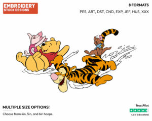 Pooh, Piglet, Tigger, Roo Sliding In Snow - Winnie the Pooh and Friends - Winnie the Pooh & Friends - Disney Embroidery Design in 3 sizes & 8 formats