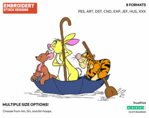 Tigger, Rabbit, Kanga, Roo In Umbrella On The Water - Winnie the Pooh and Friends - Winnie the Pooh & Friends - Disney Embroidery Design in 3 sizes & 8 formats