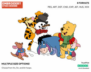 Pooh, Tigger, Piglet, Eeyore, Roo Building Snowman - Winnie the Pooh and Friends - Winnie the Pooh & Friends - Disney Embroidery Design in 3 sizes & 8 formats