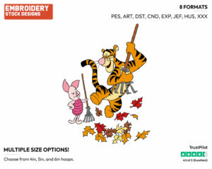 Tigger, Piglet Raking Leaves - Piglet Tigger and Roo - Winnie the Pooh & Friends - Disney Embroidery Design in 3 sizes & 8 formats