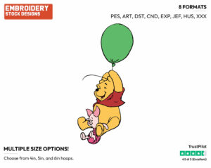 Floating From A Balloon - Winnie the Pooh and Piglet - Winnie the Pooh & Friends - Disney Embroidery Design in 3 sizes & 8 formats