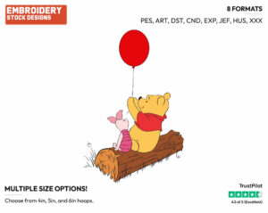 Pooh, Piglet Sitting On A Tree Stump With A Balloon - Winnie the Pooh and Piglet - Winnie the Pooh & Friends - Disney Embroidery Design in 3 sizes & 8 formats