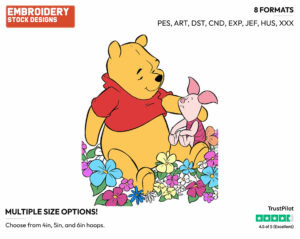 Pooh, Piglet Sitting Among Flowers - Winnie the Pooh and Piglet - Winnie the Pooh & Friends - Disney Embroidery Design in 3 sizes & 8 formats