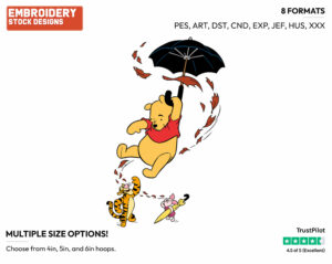 Pooh, Umbrella Carried By Wind - Winnie the Pooh Piglet and Tigger - Winnie the Pooh & Friends - Disney Embroidery Design in 3 sizes & 8 formats