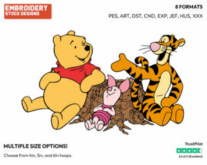Pooh, Piglet, Tigger Relaxing By A Tree Trunk - Winnie the Pooh Piglet and Tigger - Winnie the Pooh & Friends - Disney Embroidery Design in 3 sizes & 8 formats