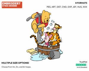 Pooh, Tigger Washing Piglet - Winnie the Pooh Piglet and Tigger - Winnie the Pooh & Friends - Disney Embroidery Design in 3 sizes & 8 formats