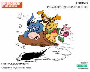Winnie The Pooh, Piglet, Tigger And Eeyore Sledding - Winnie the Pooh Piglet Tigger and Eeyore - Winnie the Pooh & Friends - Disney Embroidery Design in 3 sizes & 8 formats