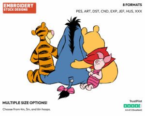 Pooh, Piglet, Tigger, Eeyore Hugging, Back View - Winnie the Pooh Piglet Tigger and Eeyore - Winnie the Pooh & Friends - Disney Embroidery Design in 3 sizes & 8 formats