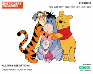 Pooh, Piglet, Tigger, Eeyore Hugging - Winnie the Pooh Piglet Tigger and Eeyore - Winnie the Pooh & Friends - Disney Embroidery Design in 3 sizes & 8 formats