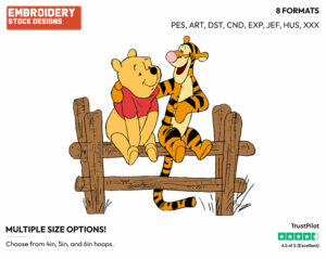 Pooh, Tigger Sitting On Fence - Winnie the Pooh and Tigger - Winnie the Pooh & Friends - Disney Embroidery Design in 3 sizes & 8 formats