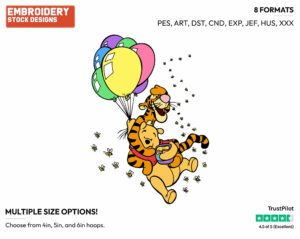 Pooh, Tigger Floating From Balloons - Winnie the Pooh and Tigger - Winnie the Pooh & Friends - Disney Embroidery Design in 3 sizes & 8 formats