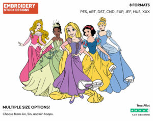 Aurora, Tiana, Rapunzel, Snow White, Cinderella - Disney Princesses - Group - Miscellaneous Designs - Disney Embroidery Design in 3 sizes & 8 formats