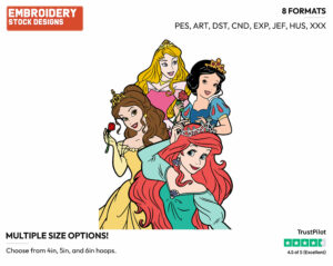 Ariel, Belle, Aurora, Snow White - Disney Princesses - Group - Miscellaneous Designs - Disney Embroidery Design in 3 sizes & 8 formats