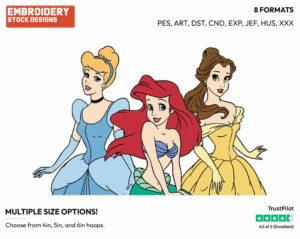 Ariel, Belle, Cinderella - Disney Princesses - Group - Miscellaneous Designs - Disney Embroidery Design in 3 sizes & 8 formats