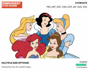 Ariel, Belle, Aurora, Snow White, Cinderella - Disney Princesses - Group - Miscellaneous Designs - Disney Embroidery Design in 3 sizes & 8 formats