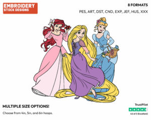Ariel, Rapunzel, Cinderella - Disney Princesses - Group - Miscellaneous Designs - Disney Embroidery Design in 3 sizes & 8 formats