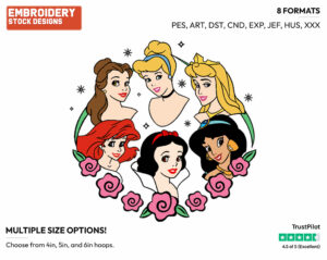 Ariel, Belle, Aurora, Snow White, Cinderella, Jasmine - Disney Princesses - Group - Miscellaneous Designs - Disney Embroidery Design in 3 sizes & 8 formats