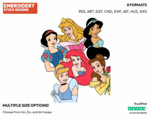 Ariel, Belle, Aurora, Snow White, Cinderella, Jasmine - Disney Princesses - Group - Miscellaneous Designs - Disney Embroidery Design in 3 sizes & 8 formats